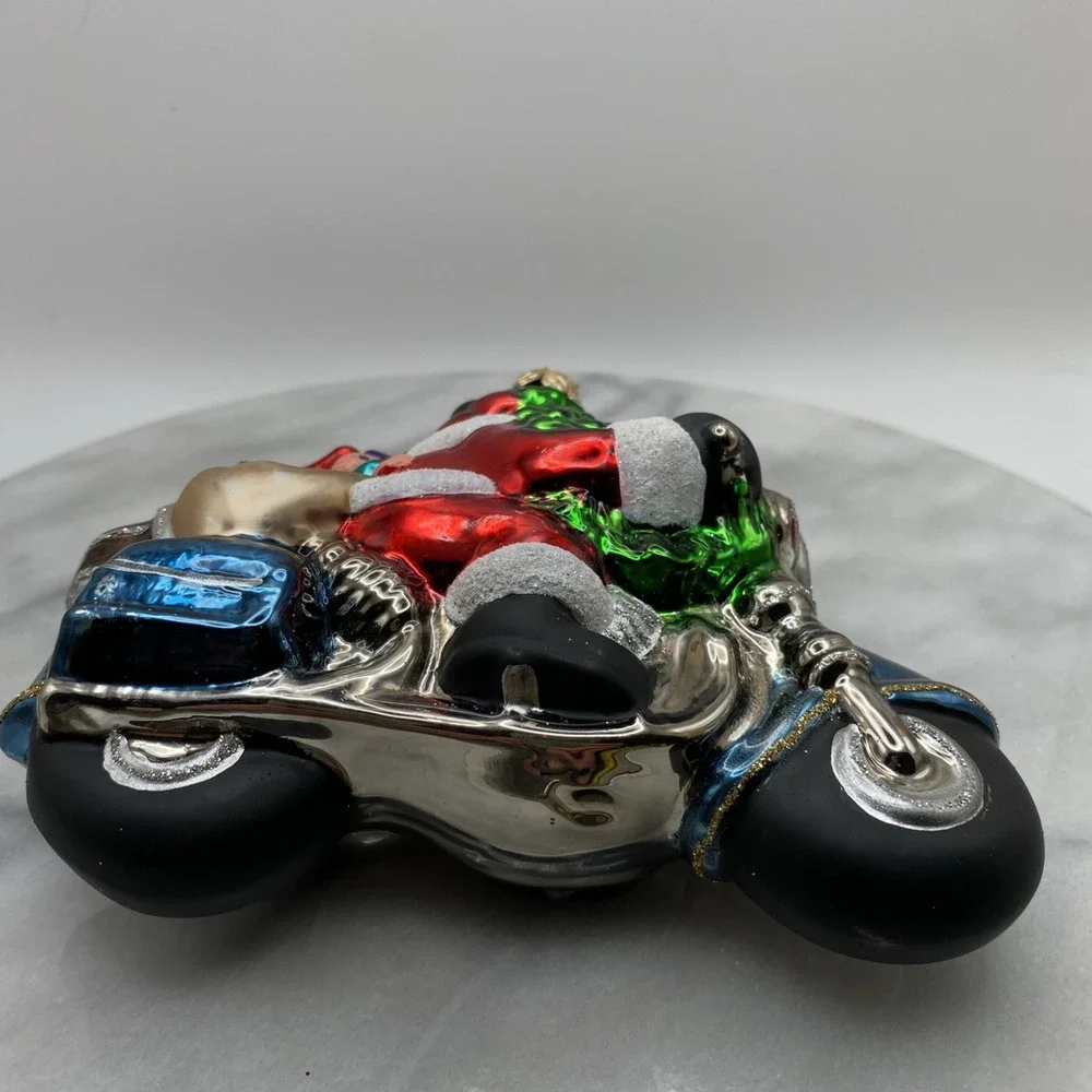 Kurt Adler Santa on Motorcycle Glass Christmas Ornament Blue Silver Red